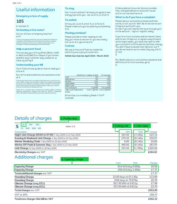Half-hourly metered bill back view, understanding your bill, British Gas business Half-hourly metered bill back view, understanding your bill, British Gas business