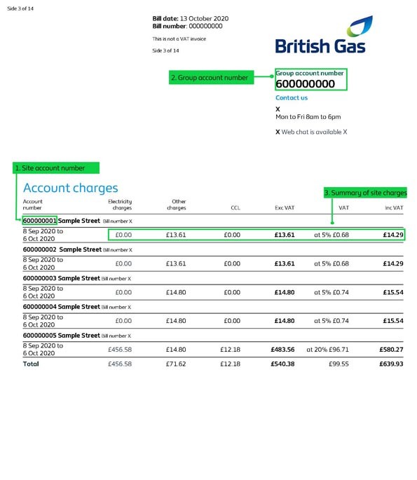 Multi site bill front view, understanding your bill, British Gas businesS Multi site bill front view, understanding your bill, British Gas business